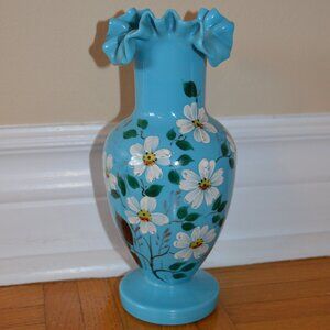 Antique hand blown opaline Bristol glass, ruffle Bohemian glass